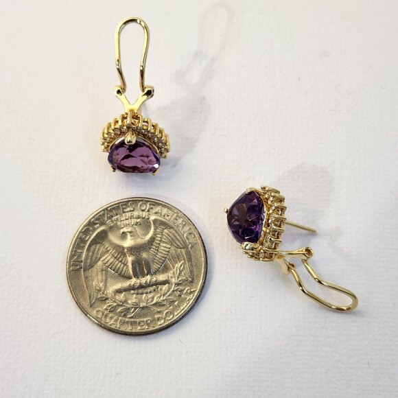 Vtg 80's 4.69g 14K Gold Natural Amethyst & Diamond Omega Back Earrings - Picture 6 of 15